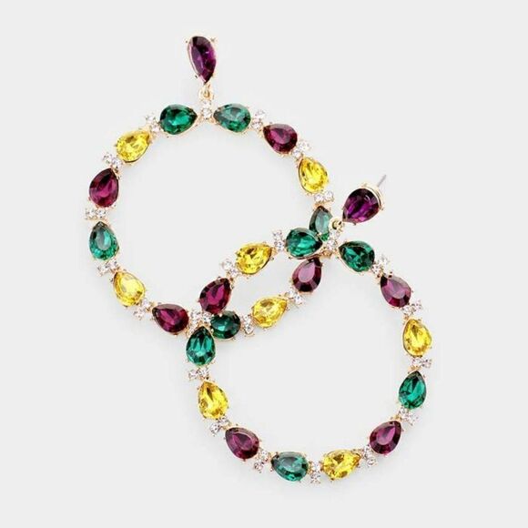 Mardi Gras Teardrop Stone Open Circle Earrings - Picture 1 of 5